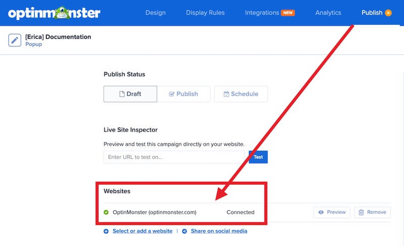 Assign campaign to website before testing. - OptinMonster Assign campaign to website before testing.