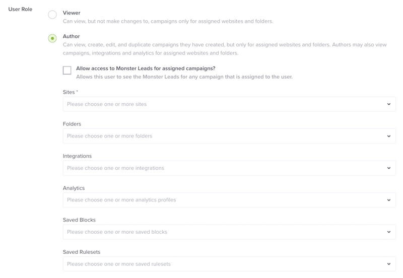 Author Sub-Account user role options in OptinMonster. - OptinMonster Author Sub-Account user role options in OptinMonster.