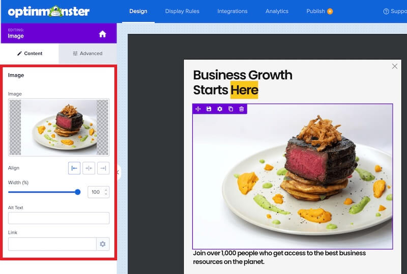 You can configure basic image options including a link in the sidebar panel. - OptinMonster You can configure basic image options including a link in the sidebar panel.