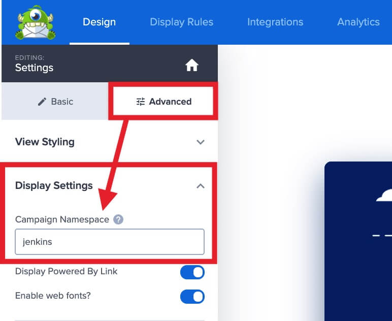 You can customize the campaign namespace to use in CSS and Javascript targeting. - OptinMonster You can customize the campaign namespace to use in CSS and Javascript targeting.