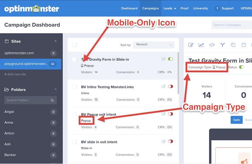 Campaign type indicators in the OptinMonster Campaigns screen. - OptinMonster Campaign type indicators in the OptinMonster Campaigns screen.