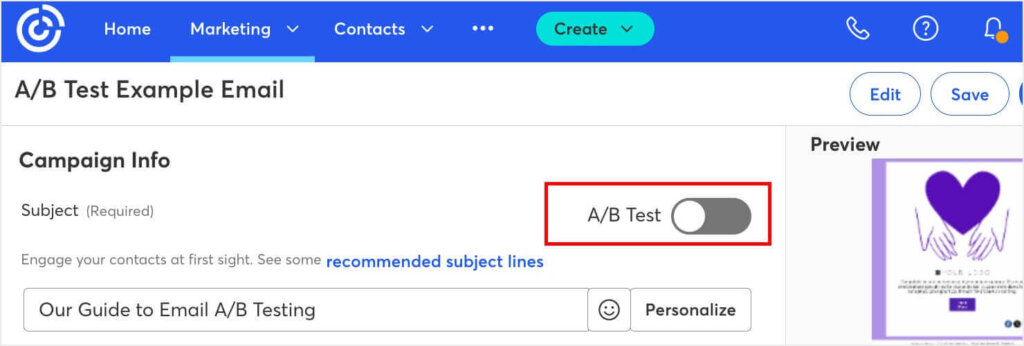 constant-contact-ab-testing-1 - OptinMonster Constant Contact Campaign Info page. There's a toggle to run an A/B test for your email marketing campaign.