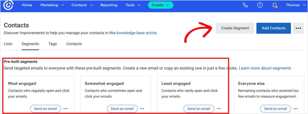 constant-contact-create-segment - OptinMonster The "Create Segment" button is in the upper right corner of Constant Contact's Segments page.