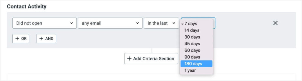 constant-contact-inactive-subscriber-settings - OptinMonster Selecting "Did not open," "any email," "in the last," and "180 days" in 4 dropdown menus. This will create an email segment of inactive subscribers to help you clean your email list.