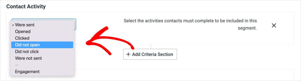 constant-contact-select-did-not-open - OptinMonster Selecting "Did not open" in the dropdown menu under "Contact Activity"
