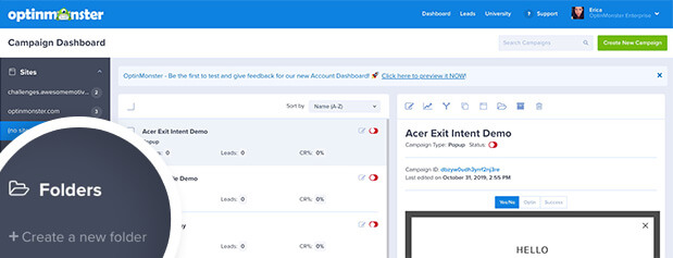 Create a new folder link in the OptinMonster Dashboard - OptinMonster Create a new folder link in the OptinMonster Dashboard