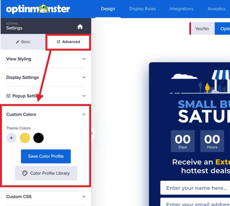 Custom colors in the campaign builder allow you to set your branding to easily select as you design the campaign. - OptinMonster Custom colors in the campaign builder allow you to set your branding to easily select as you design the campaign.