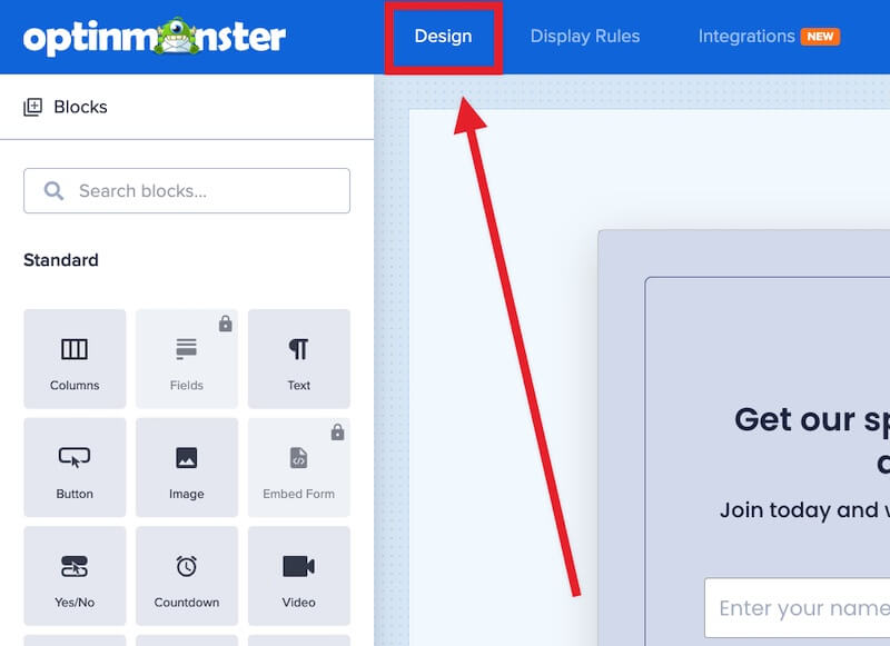 Design view of the campaign builder. - OptinMonster Design view of the campaign builder.