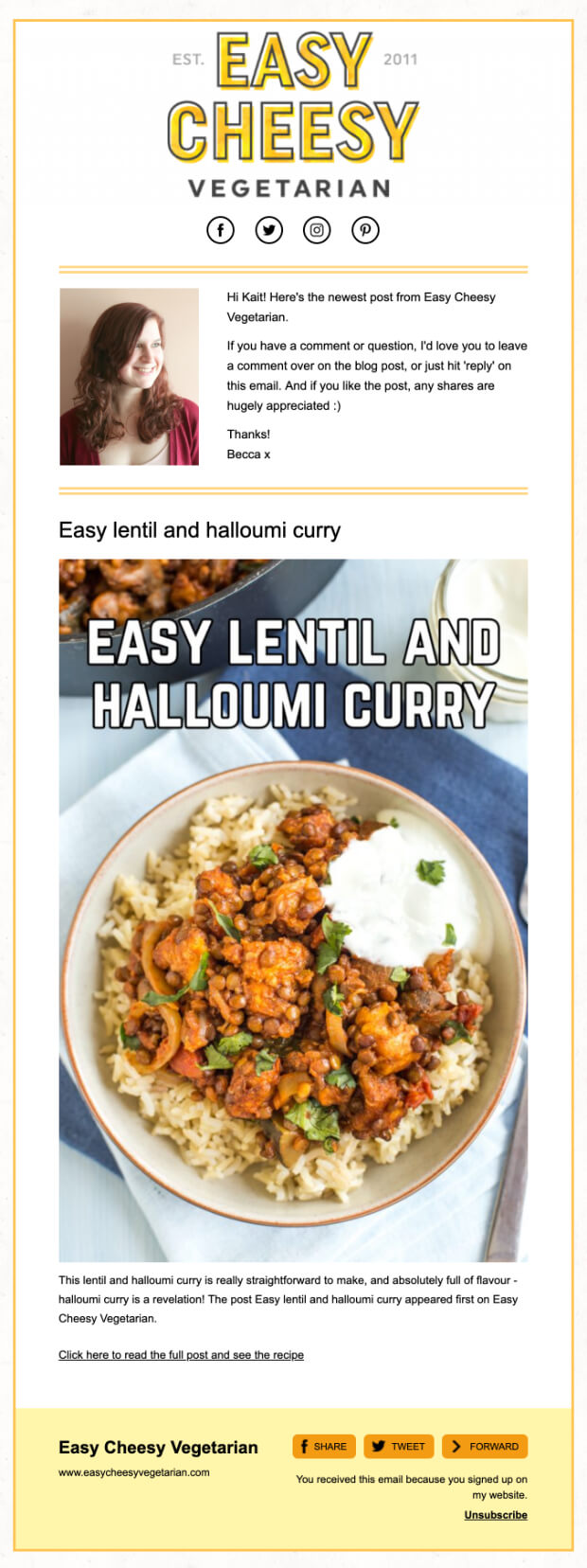 easy-cheesy-vegetarian - OptinMonster newsletter-ideas-share-blog-post