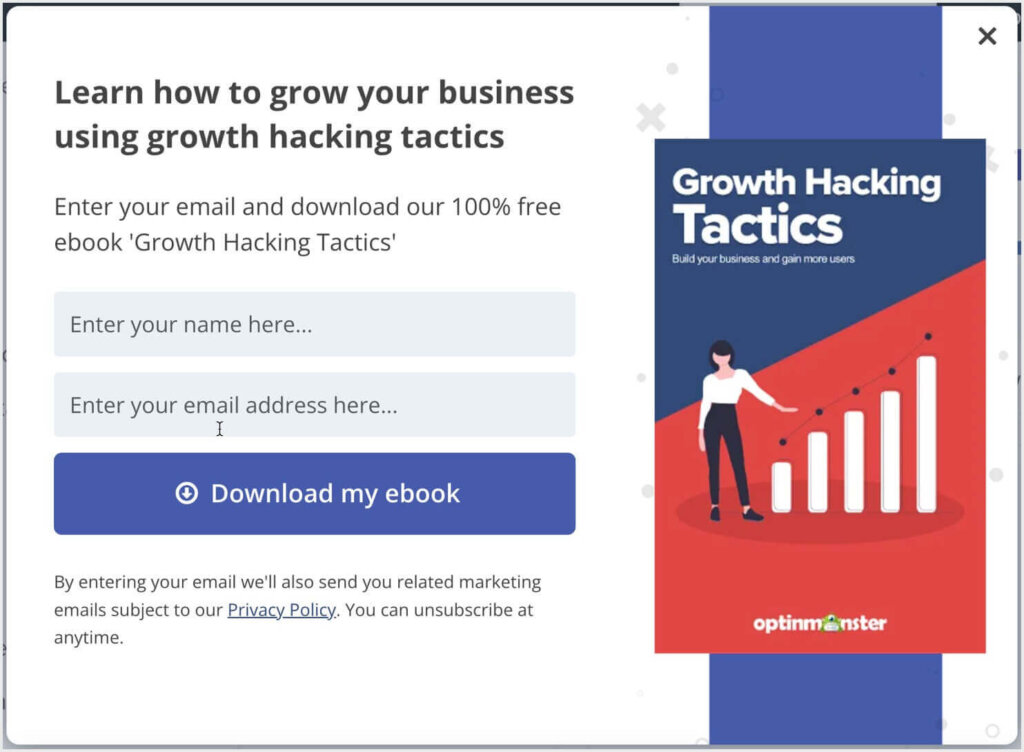 ebook-lead-magnet-popup - OptinMonster Popup campaign that says "Enter your email and download our 100% free ebook 'Growth HackingTactics.'" Then there are fields for Name and Email Address, and a CTA button that says "Download my ebook"