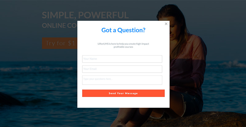 exit-intent-popup - OptinMonster LifterLMS recovered abandoning visitors by asking if they had any questions about their freemium software