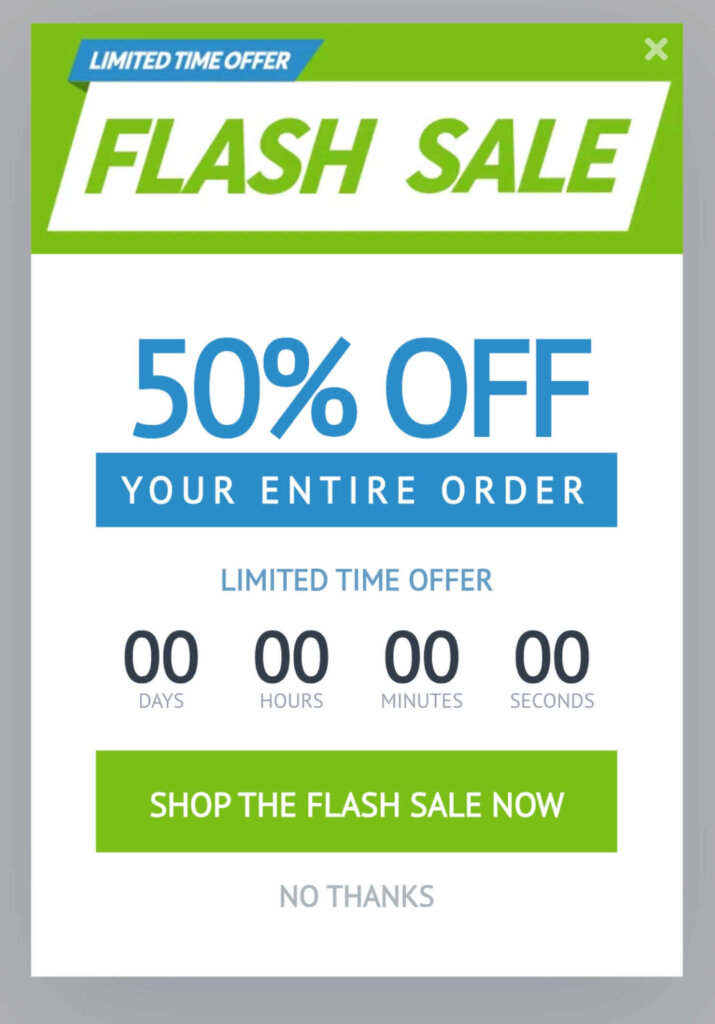 flash-sale-mobile-popup-example-optinmonster - OptinMonster OptinMonster mobile template for flash sale. In offers 50% off your entire order and includes a countdown timer. The CTA button says "Shop the Flash Sale Now."