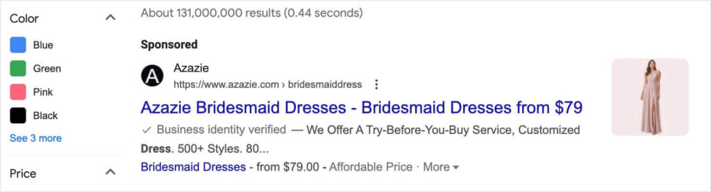 google-ad-azazie-sponsored-result - OptinMonster Sponsored Google search result showing a listing for Azazie Bridesmaid Dresses.