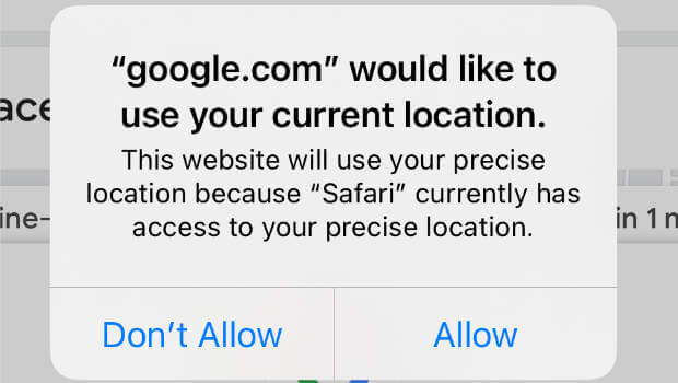 Mobile popup sayinag "google.com would like to use your current location" with "Don't Allow" and "Allow" buttons - OptinMonster Mobile popup sayinag "google.com would like to use your current location" with "Don't Allow" and "Allow" buttons