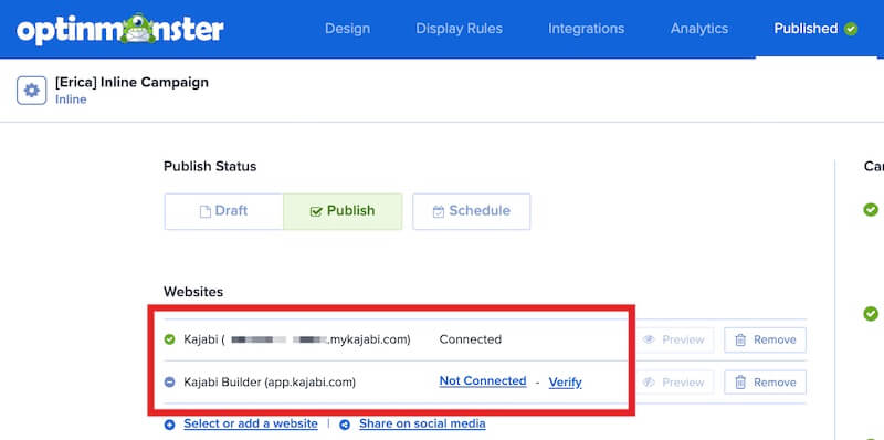 Campaign assigned to Kajabi sites. - OptinMonster Campaign assigned to Kajabi sites.