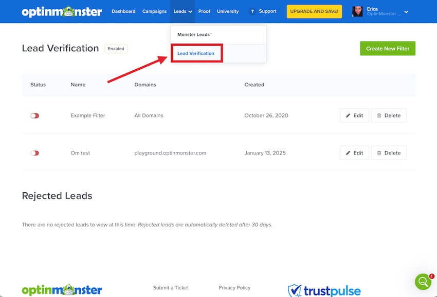 lead-verification - OptinMonster The OptinMonster Lead Verification feature allows you to create custom filters for form submissions.