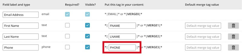 Mailchimp phone field merge tag settings. - OptinMonster Mailchimp phone field merge tag settings.