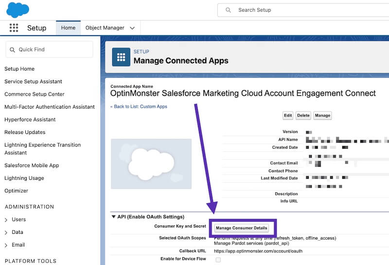 Mange Consumer Details for your Connected App in Salesforce. - OptinMonster Mange Consumer Details for your Connected App in Salesforce.