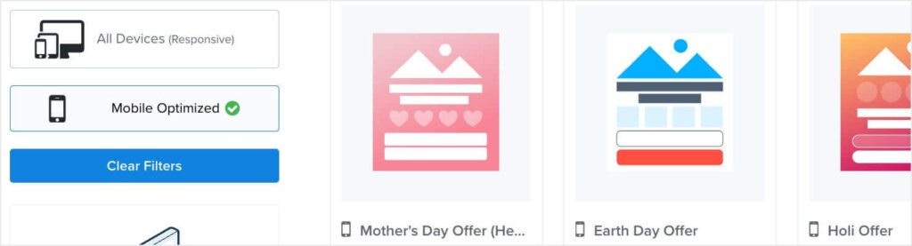 mobile-optimized-templates-optinmonster - OptinMonster Screenshot of OptinMonster's template search, with "Mobile Optimized" selected