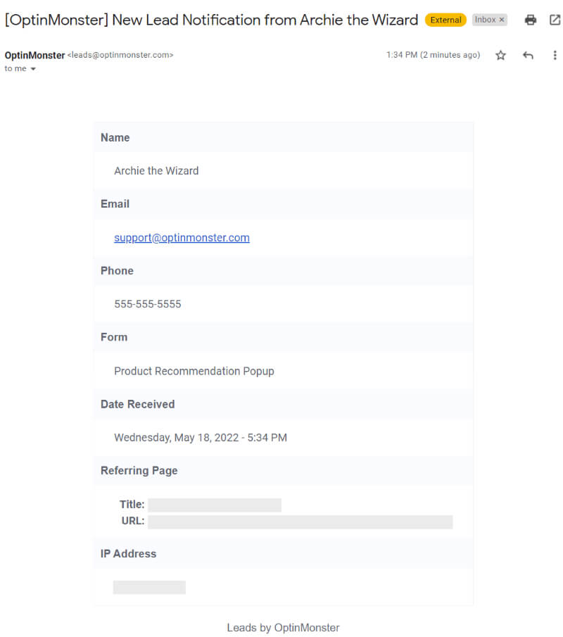 Monster Leads email notification - OptinMonster