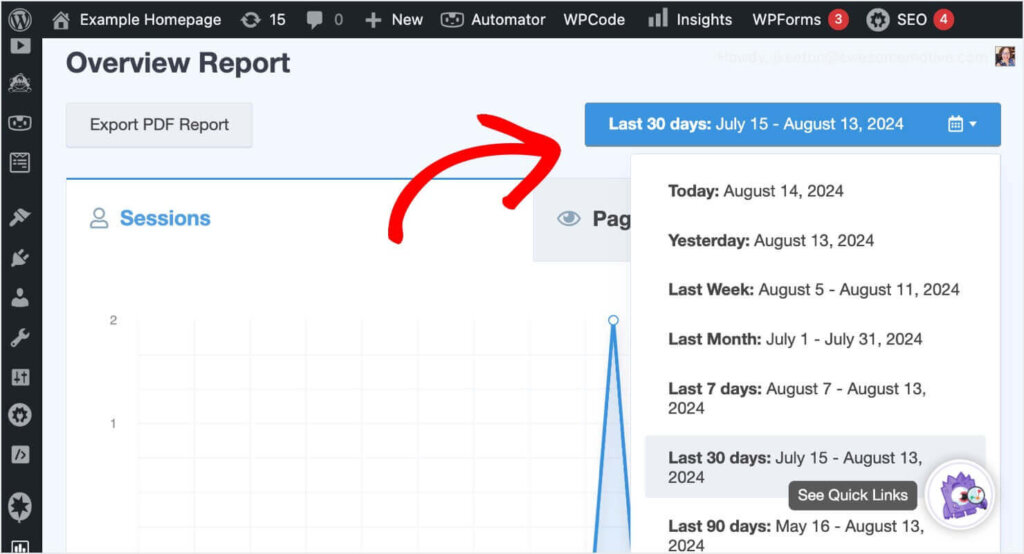 monsterinsights-web-metric-change-date-range - OptinMonster At the top of MonsterInsights' overview report, there's a dropdown menu to change the date range for your website metrics