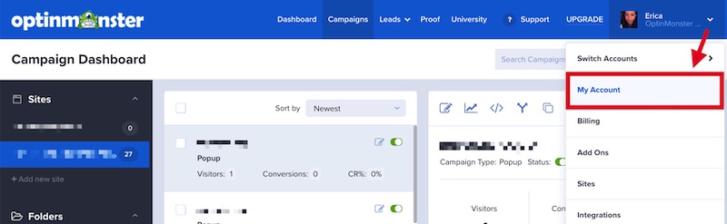 Navigate to the My Account page in your OptinMonster app. - OptinMonster Navigate to the My Account page in your OptinMonster app.