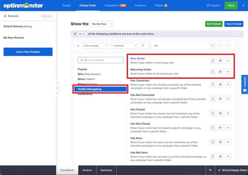 New or Returning Visitor rule in OptinMonster. - OptinMonster New or Returning Visitor rule in OptinMonster.