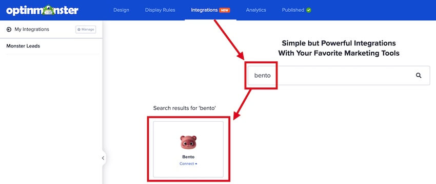 Search for and select Bento in the OptinMonster campaign builder. - OptinMonster Search for and select Bento in the OptinMonster campaign builder.