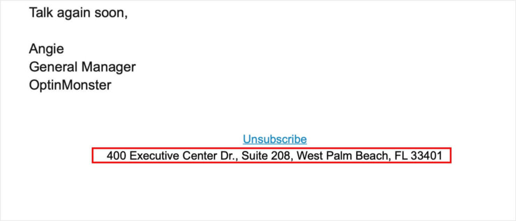 optinmonster-email-with-physical-address - OptinMonster OptinMonster email with the company's physical address in the footer.
