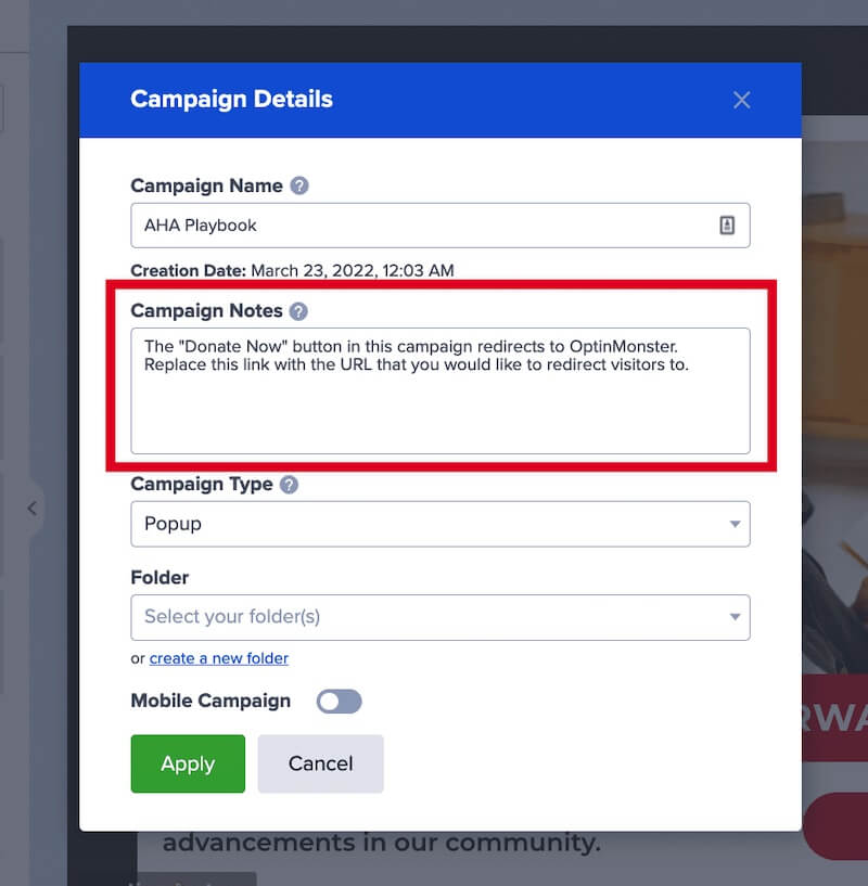 Campaign Notes for a Playbook. - OptinMonster Campaign Notes for a Playbook.