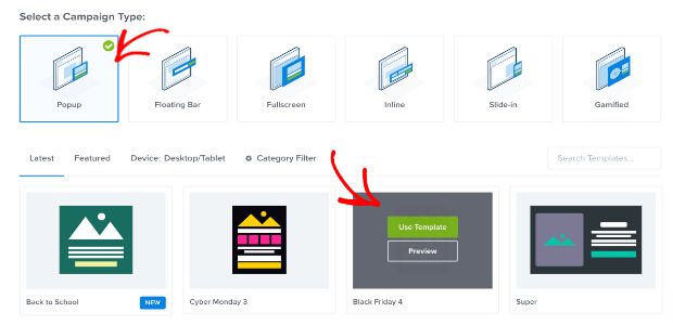 Optinmonster's campaign and template selection page - OptinMonster optinmonster's campaign and template selection page