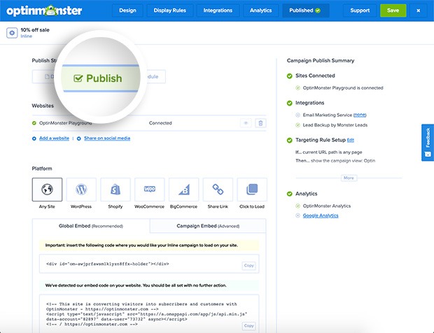 Publish Status in the OptinMonster campaign builder. - OptinMonster Publish Status in the OptinMonster campaign builder.