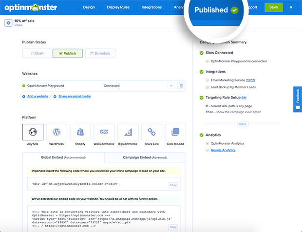 The publish status will appear in the top navigation menu of the campaign builder. - OptinMonster The publish status will appear in the top navigation menu of the campaign builder.