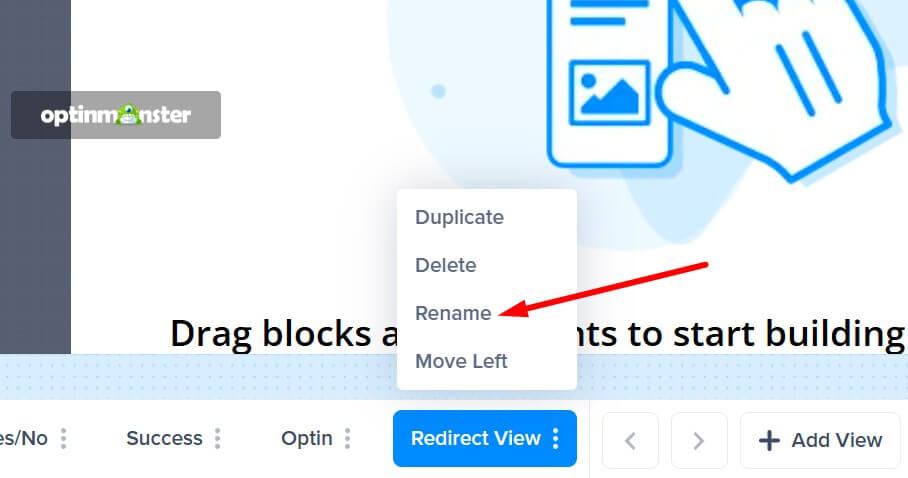 Rename a view menu item - OptinMonster Screenshot of the "Rename View" menu item.