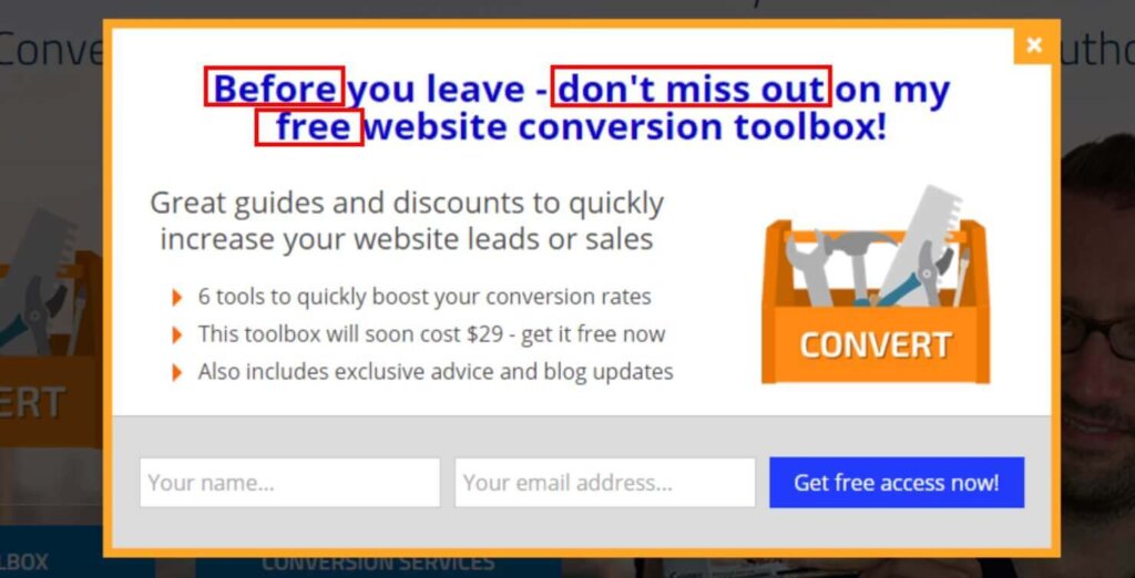 rich-page-popup-with-power-words - OptinMonster Popup with the headline "Before you leave - don't miss out on my free website conversion toolbox!" "Before," "don't miss out," and "free" are highlighted as powere words.