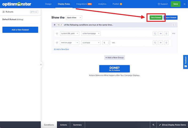 Save Ruleset - OptinMonster Save Ruleset