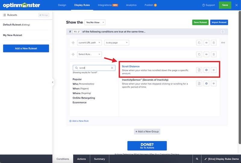 Choose the Scroll Distance rule in OptinMonster. - OptinMonster Choose the Scroll Distance rule in OptinMonster.
