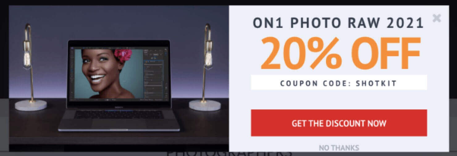 shotkit-website-popup-example-exit-type - OptinMonster Website popup example that gives a coupon code for a 20% off discount. The red CTA button says "Get the discount now."