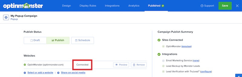 Site status in the OptinMonster campaign builder. - OptinMonster Site status in the OptinMonster campaign builder.