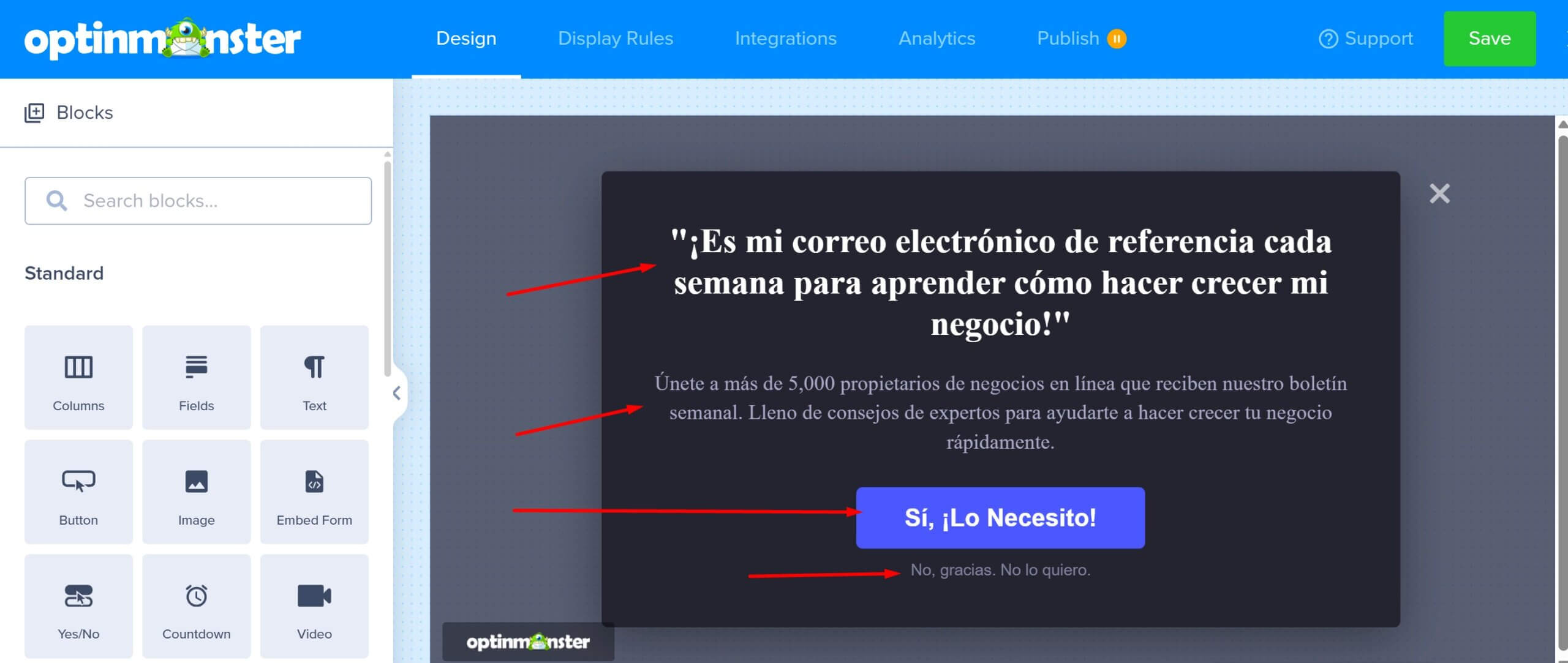 Translate campaign content - OptinMonster A screenshot showing campaign content translated into spanish