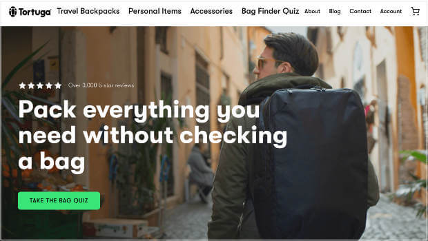 tortuga-backpacks-value-proposition - OptinMonster Screenshot of the value proposition on Tortuga Backpacks' homepage.