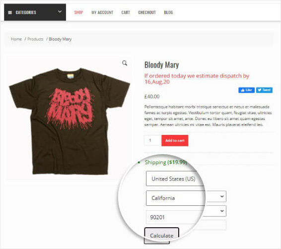 WooCommerce Shipping Calculator on product page demo - OptinMonster WooCommerce Shipping Calculator on product page demo