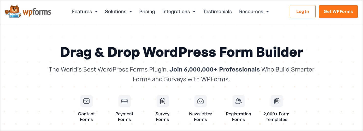 wpforms-homepage-full - OptinMonster WPForms homepage: "Drag & Drop WordPress Form Builder"