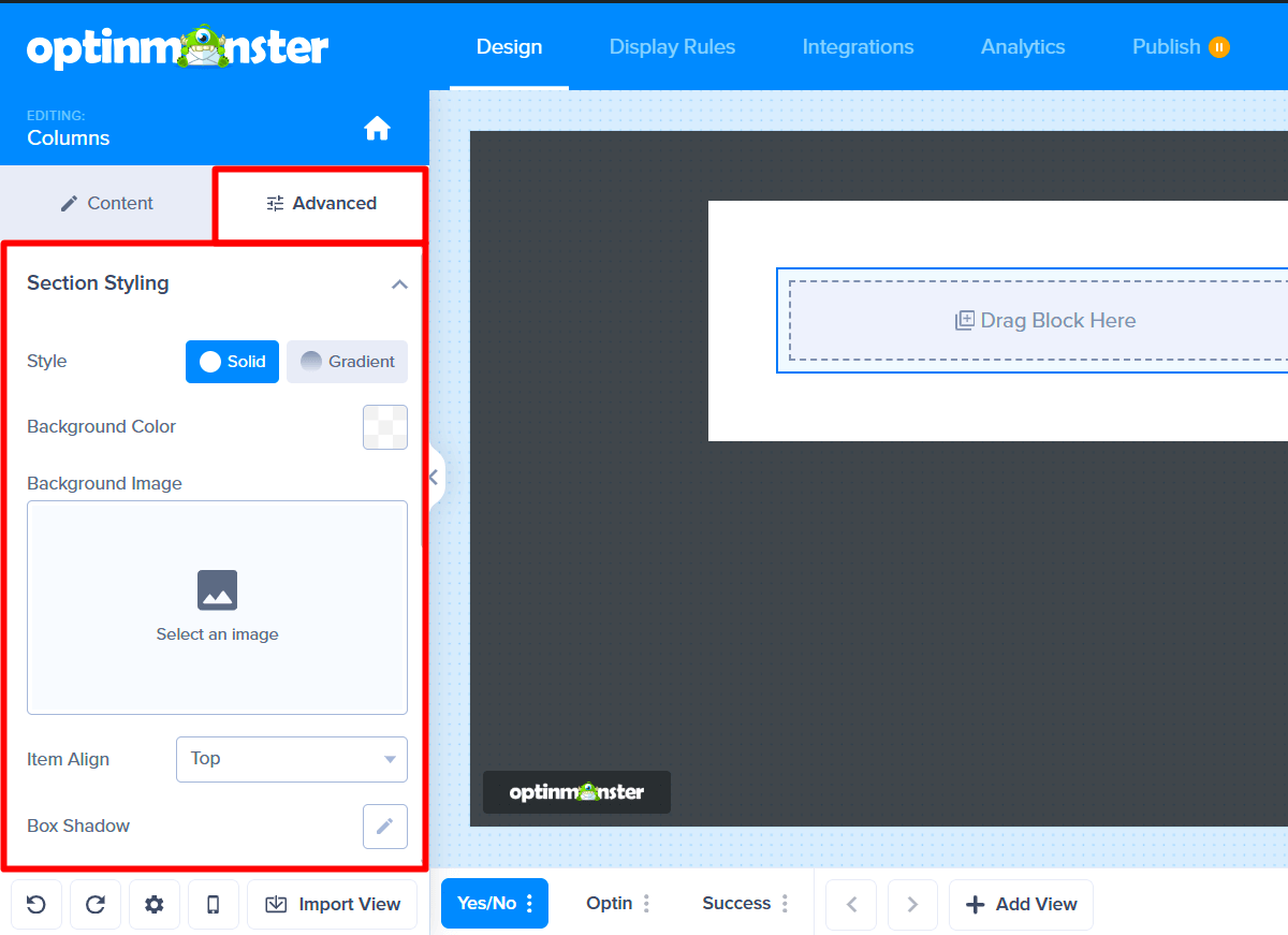 The Advanced tab in the left sidebar, showing styling options for the entire Columns block.