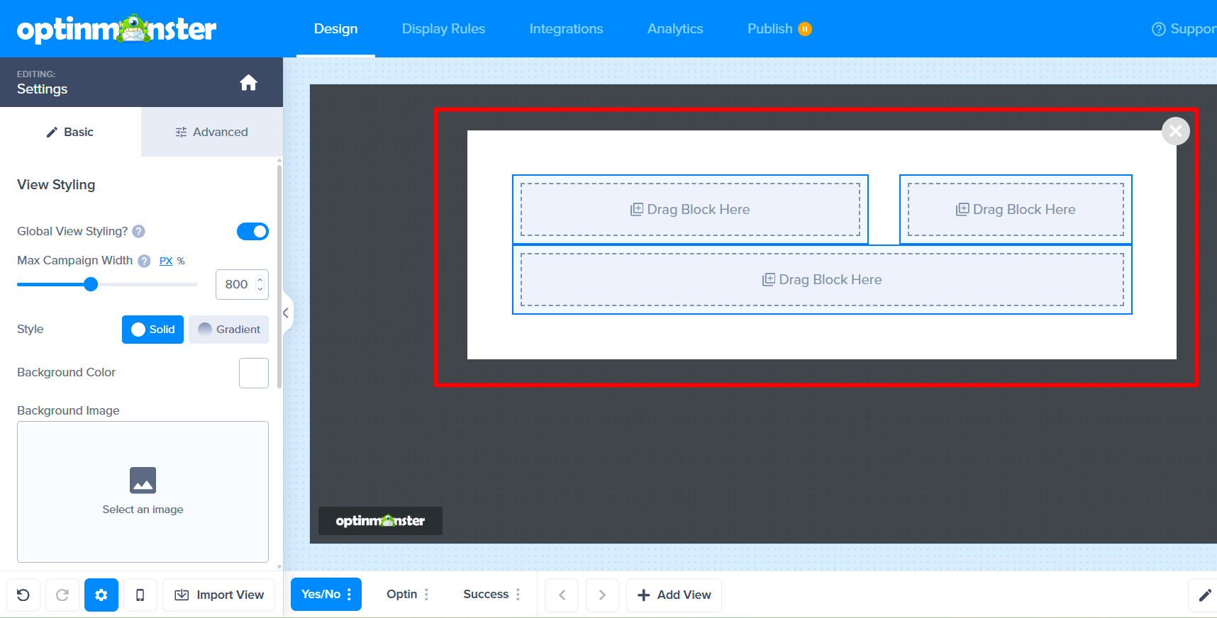 The campaign canvas now showing two rows, each created with a Columns block.