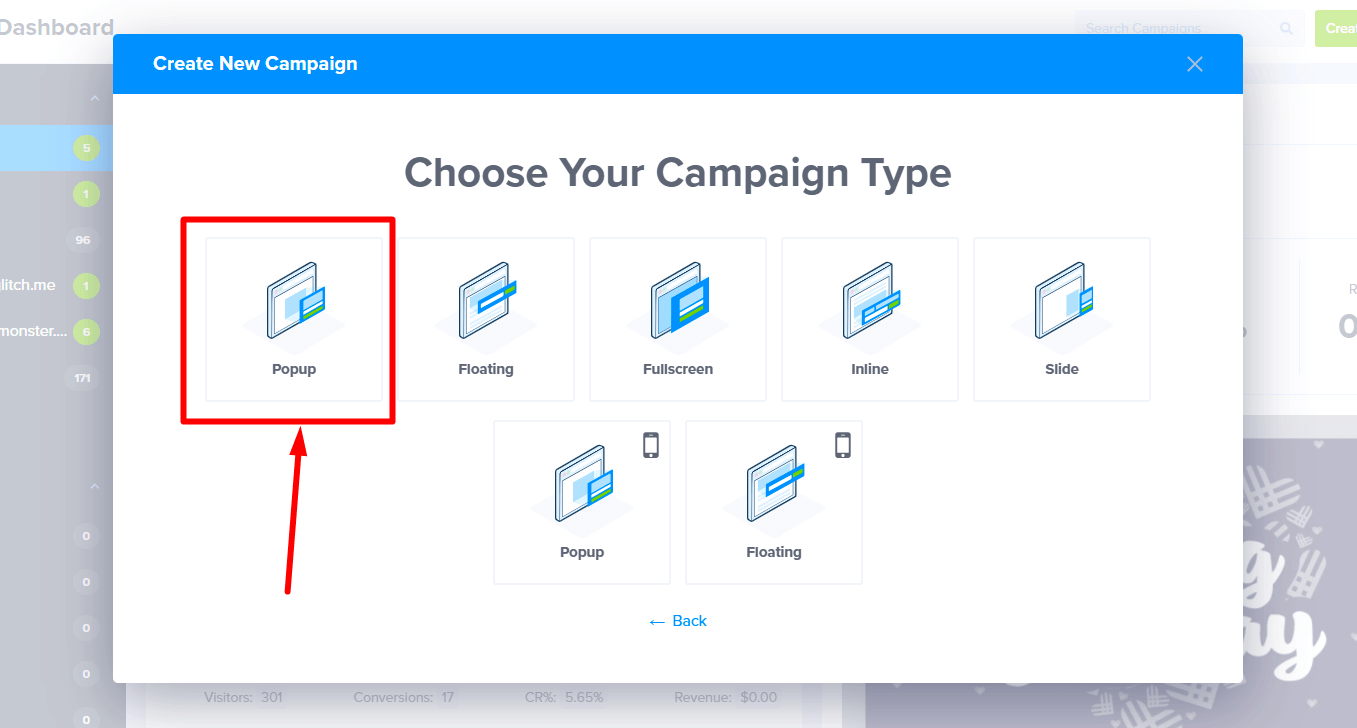 The campaign type selection modal with the Popup option highlighted.