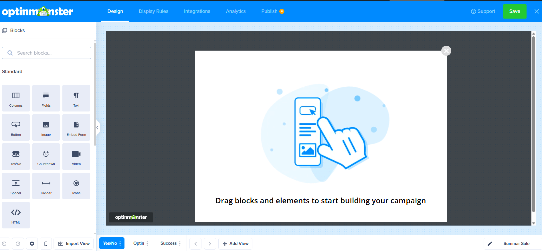 The campaign builder showing a blank canvas with a default image block.