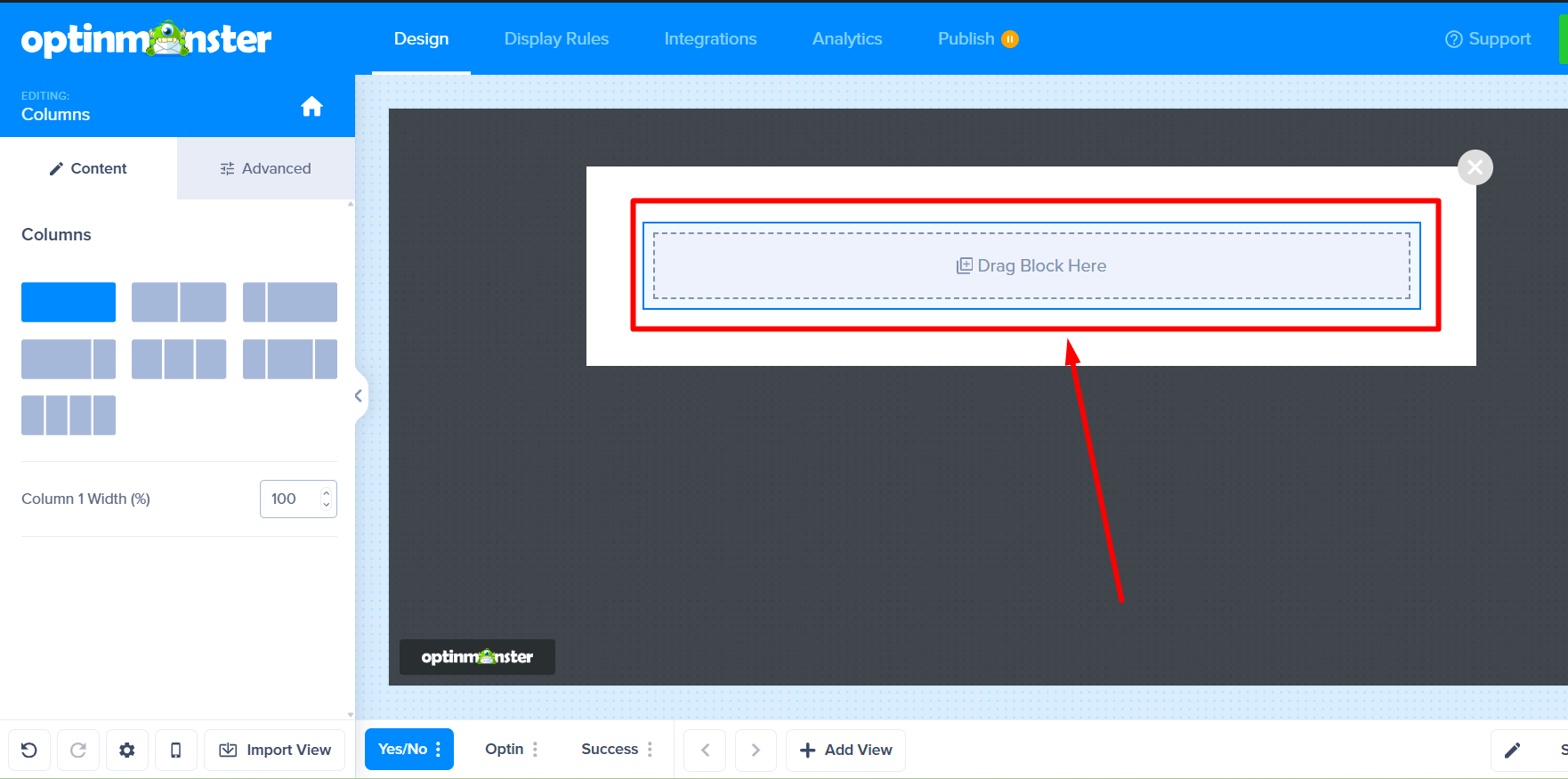 The campaign canvas after dragging a new Columns block into it.