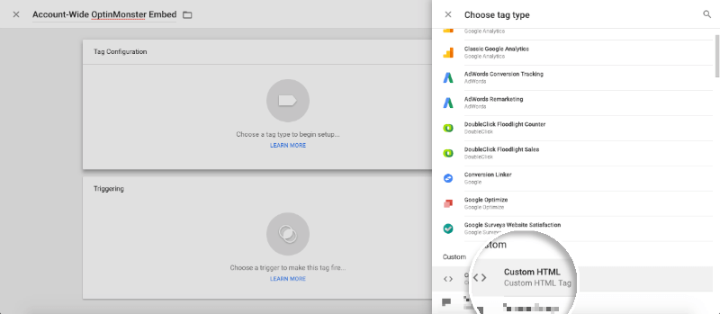 Account-wide select Custom HTML as tag type - OptinMonster Account-wide select Custom HTML as tag type