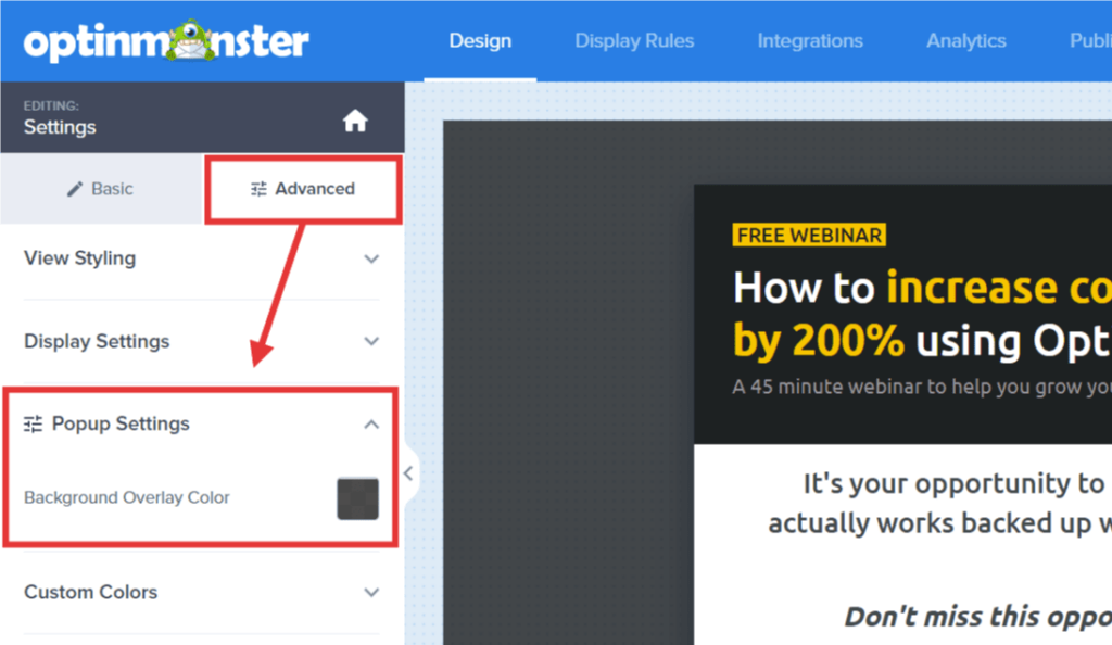 advanced settings tab background overlay color - OptinMonster